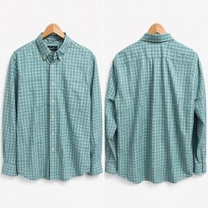 Eddie Bauer Mens XL Tall Teal Plaid Wrinkle Resistant Relaxed Fit Cotton Shirt